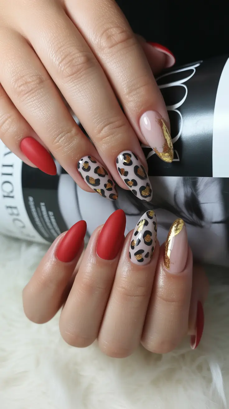 red fall nails 2025 Leopard Luxe with Gold Foil