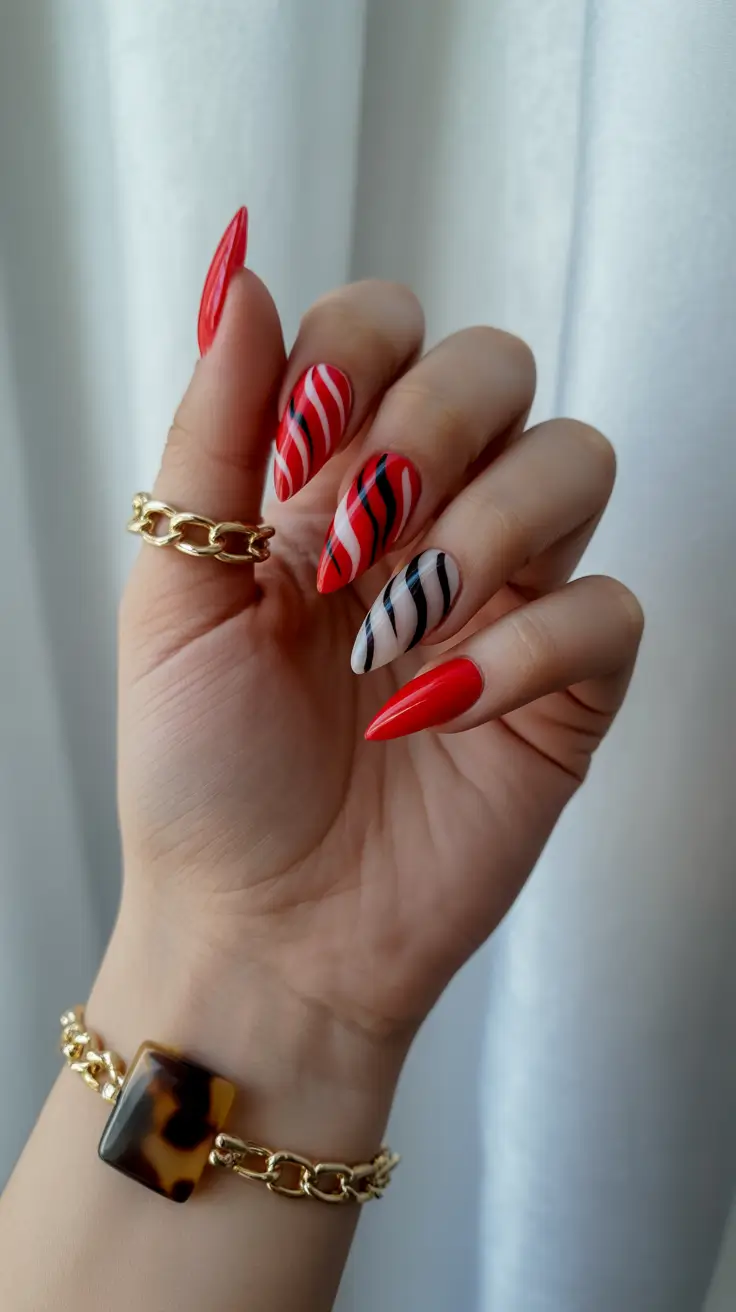 red fall nails 2025 Striped Red Energy