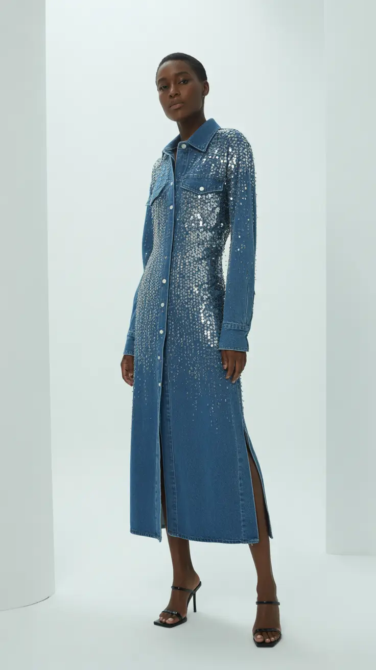 Winter birthday outfit 2025-2026 Sequined Denim Dress