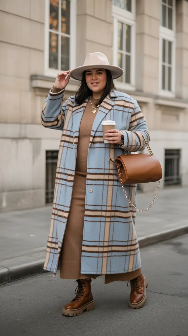 Cozy Plaid and Coffee Date Vibes, plus size winter outfits 2025-2026