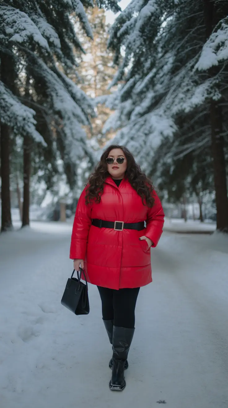plus size winter outfits 2025-2026 Red Power on Snowy Trails