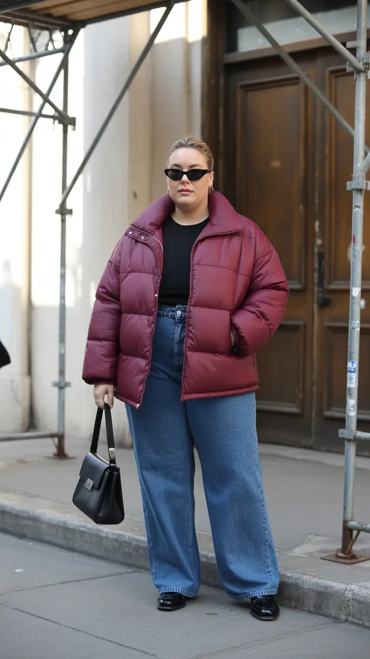 plus size winter outfits 2025-2026 Downtown Denim & Burgundy Layers