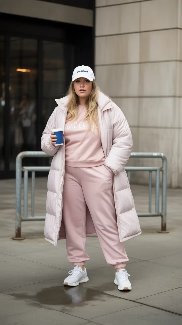 Sporty Softness in Frosted Pink winter outfit in dusty blush joggers