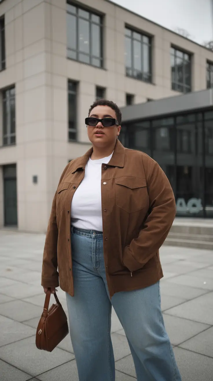 plus size winter outfits 2025-2026 Caramel Layers with Denim Ease