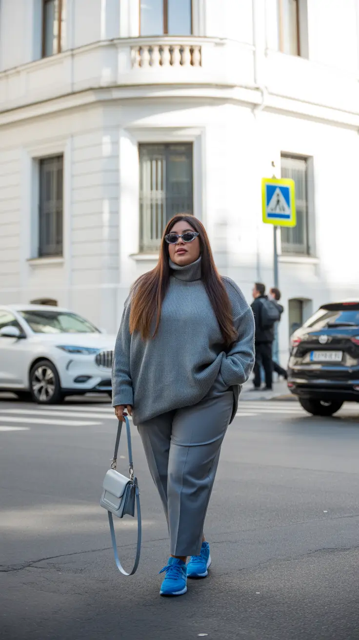 plus size winter outfits 2025-2026 Steel Blue Monochrome for City Days