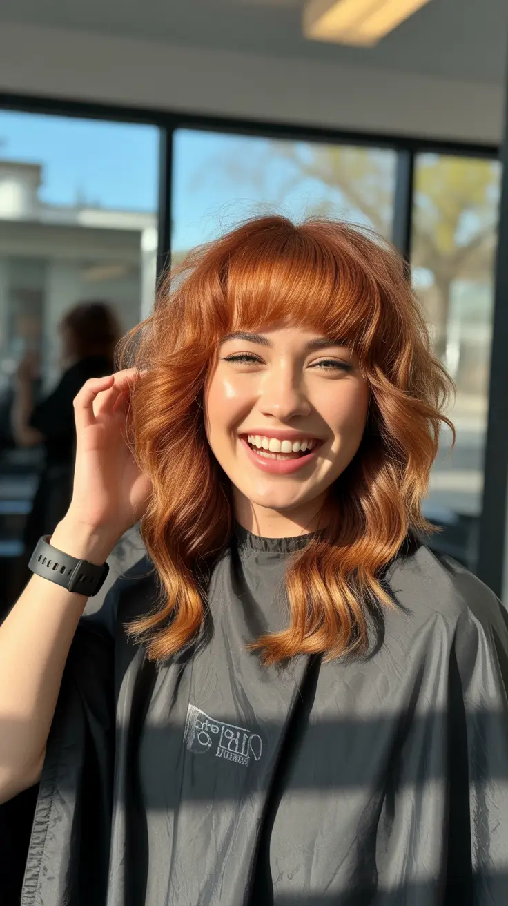 winter hair colors auburn 2025-2026 Warm Auburn Waves with Fringe