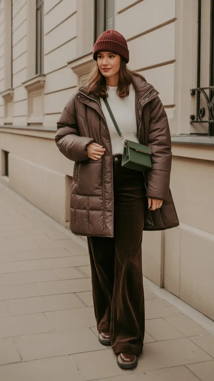 winter fashion outfits 2025-2026 Chocolate Neutrals with a Pop of Olive