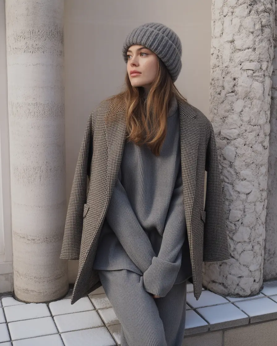 winter fashion outfits 2025-2026 Monochrome Knit Layers with a Tailored Edge