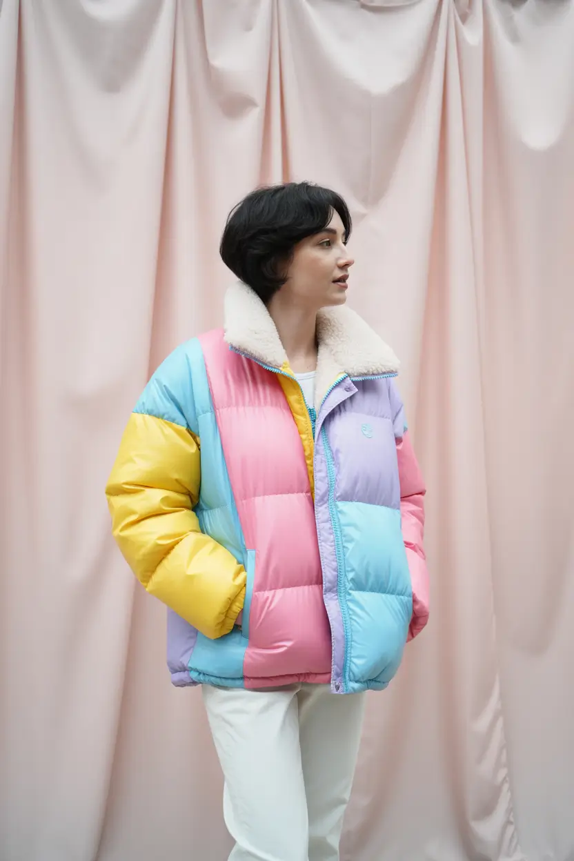 winter fashion outfits 2025-2026 Pastel Color-Block Puffer with Y2K Nostalgia