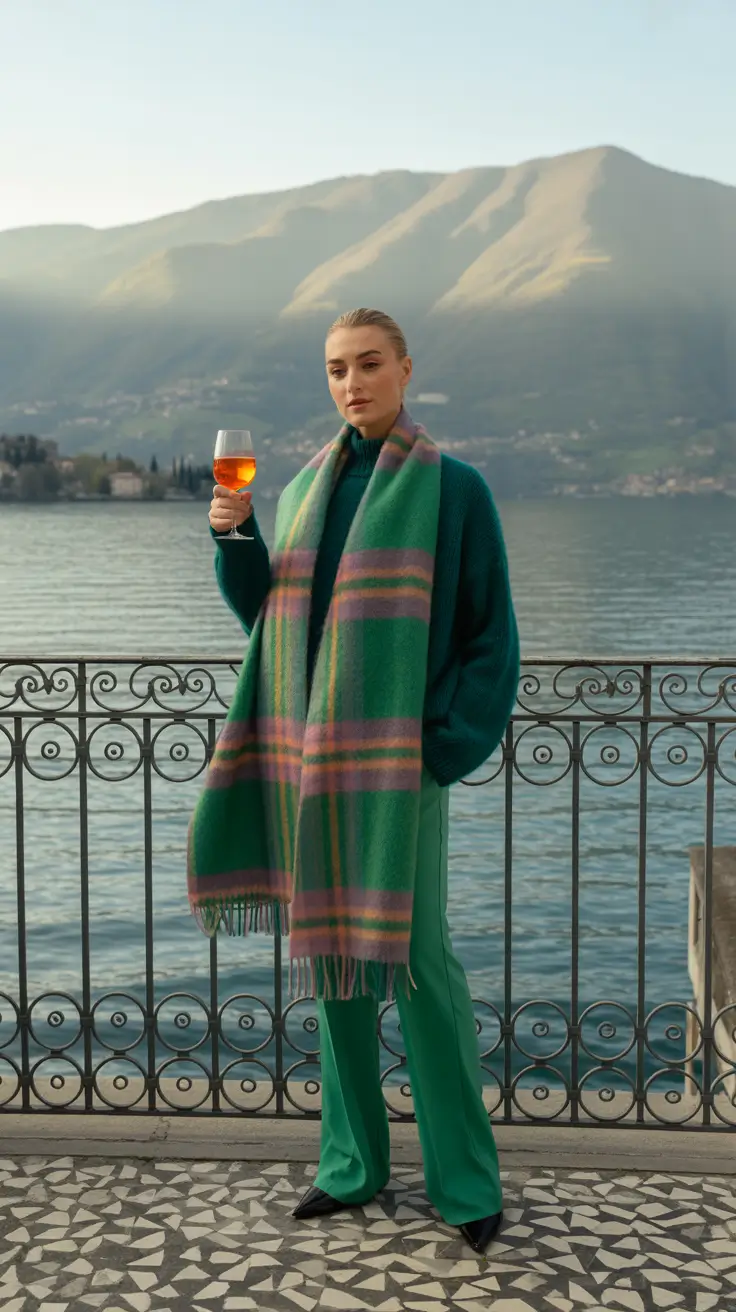 winter fashion outfits 2025-2026 Monochrome Green with Statement Scarf