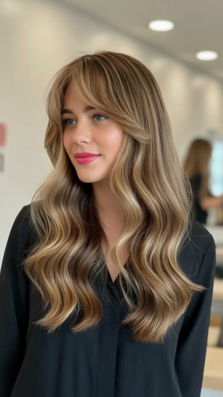 winter hair colors balayage 2025-2026 Soft Brunette Waves with Bangs
