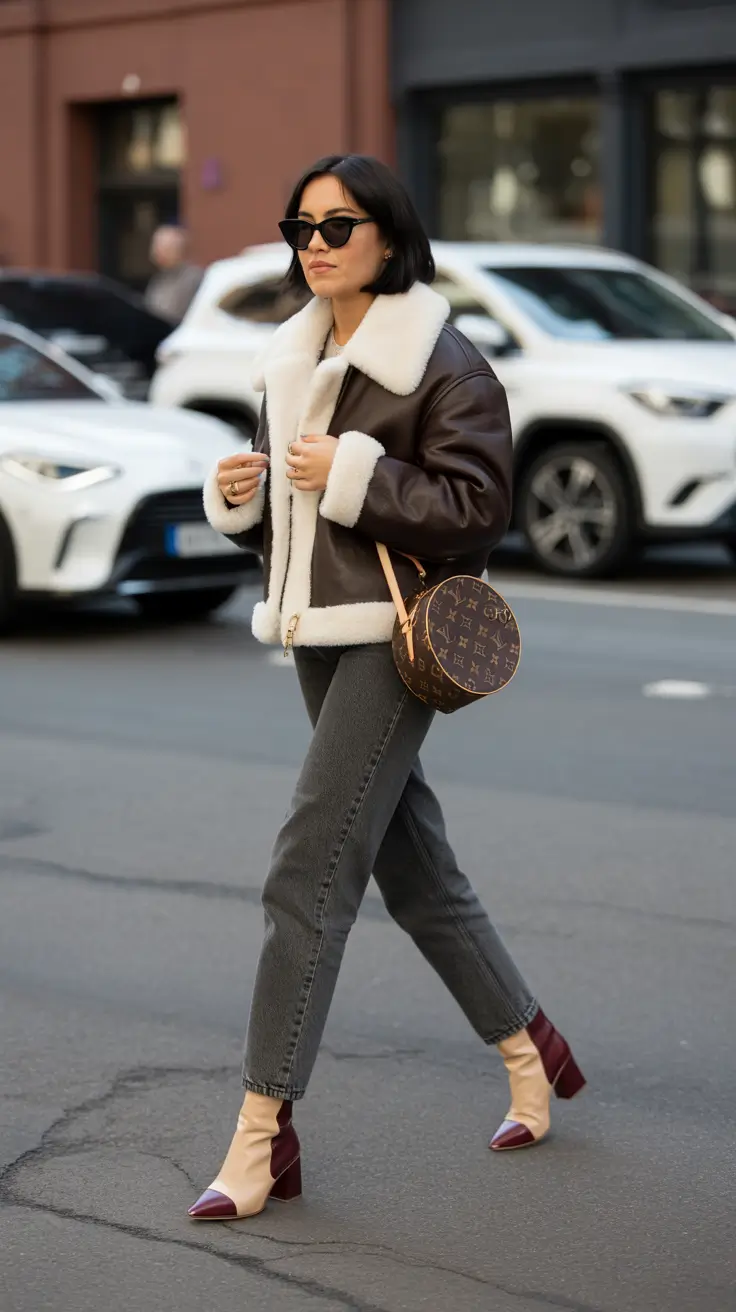winter outfit inspo 2025-2026 Shearling Jacket With Vintage Flair