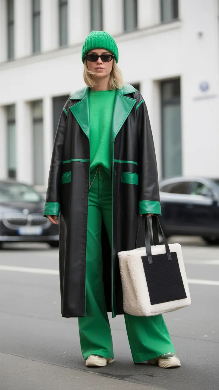 winter outfit inspo 2025-2026 Green Monochrome Street Energy