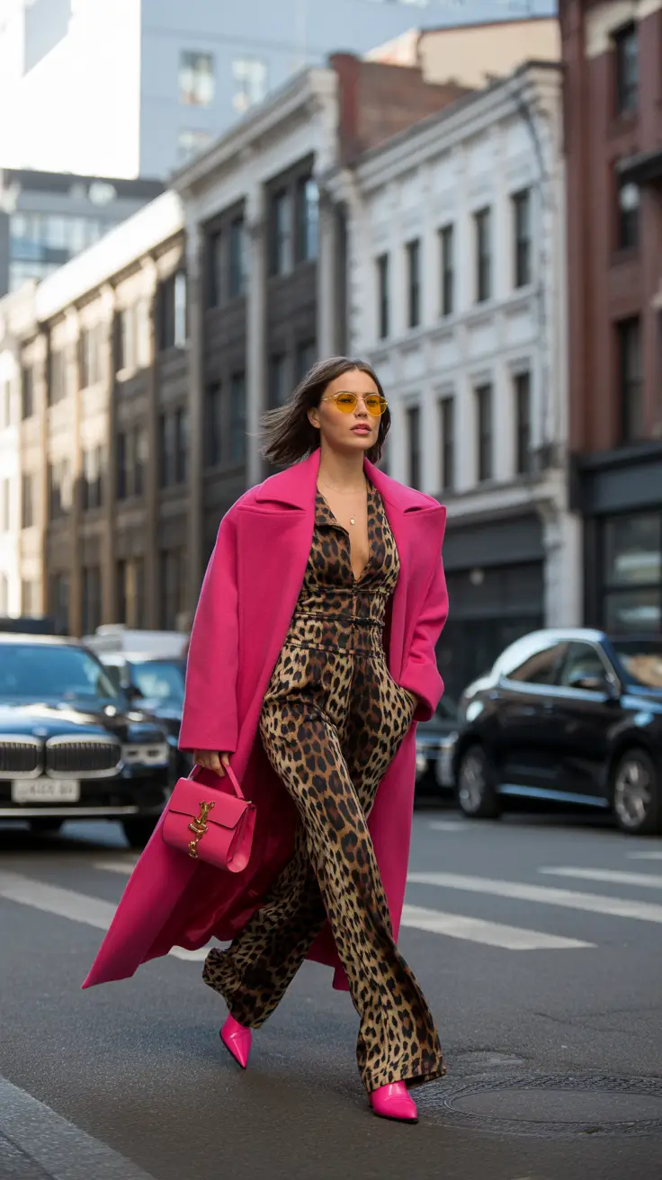 trendy winter outfits 2025/2026 Leopard Luxe with a Pink Power Punch