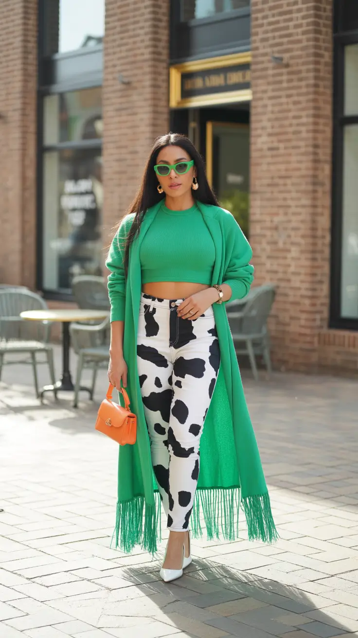 trendy winter outfits 2025/2026 Cow Print + Citrus: Mixing Bold Prints and Colorplay