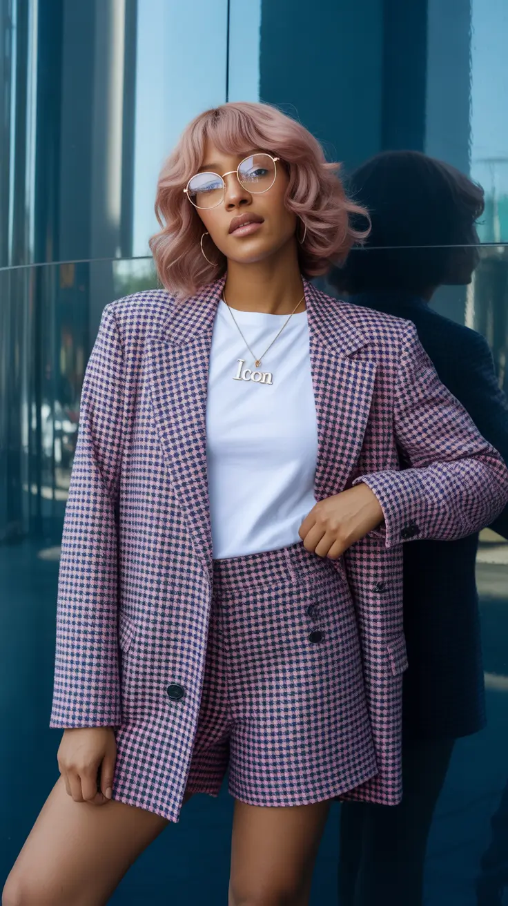 trendy winter outfits 2025/2026 Pink Houndstooth Power Play