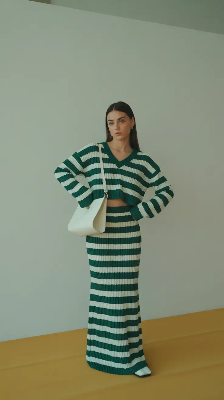 trendy winter outfits 2025/2026 Playful Stripes in Emerald and Cream