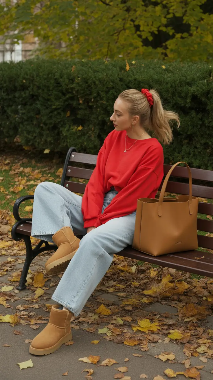uggs outfit 2025 Off-Duty Cool in Red and Denim