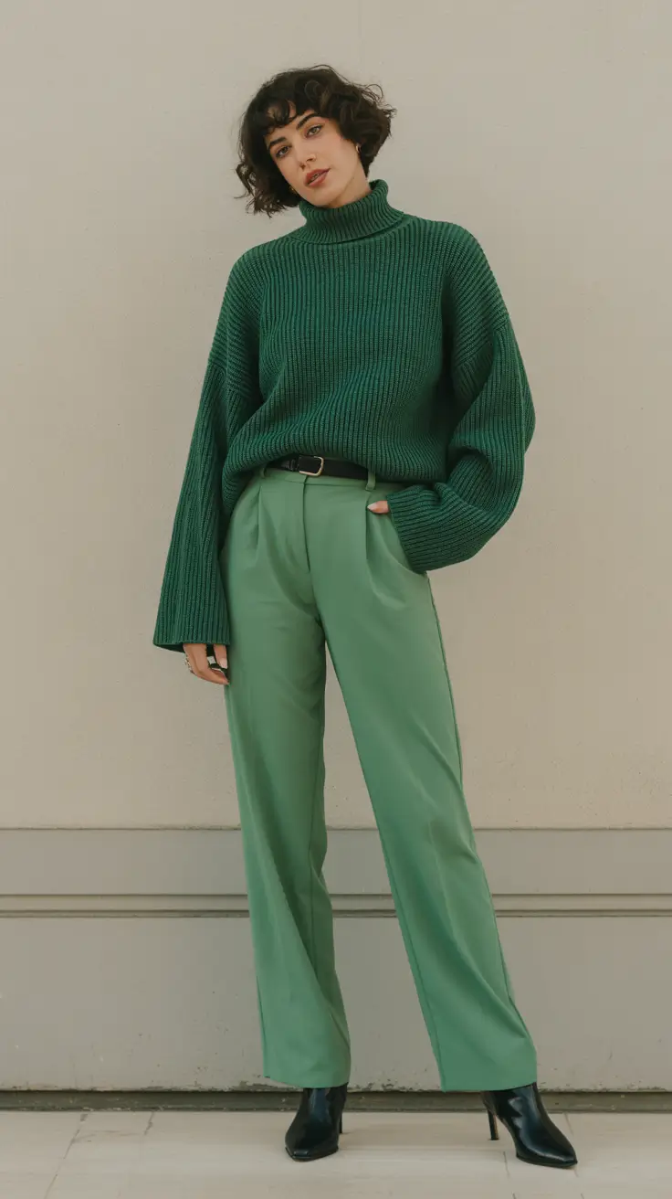 classy winter outfits 2025-2026 Green on Green: The Power of Tonal Color Play