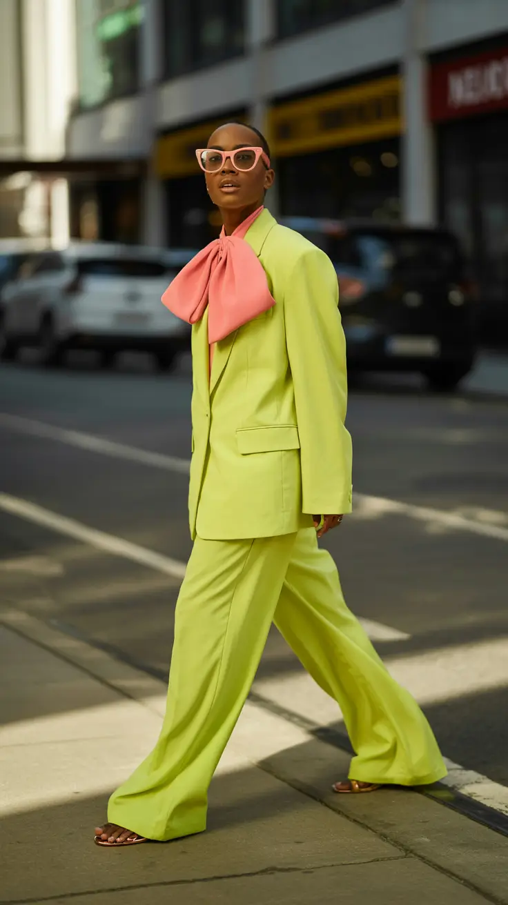 classy winter outfits 2025-2026 Lemon-Lime Power Suit With a Bowed-Up Twist