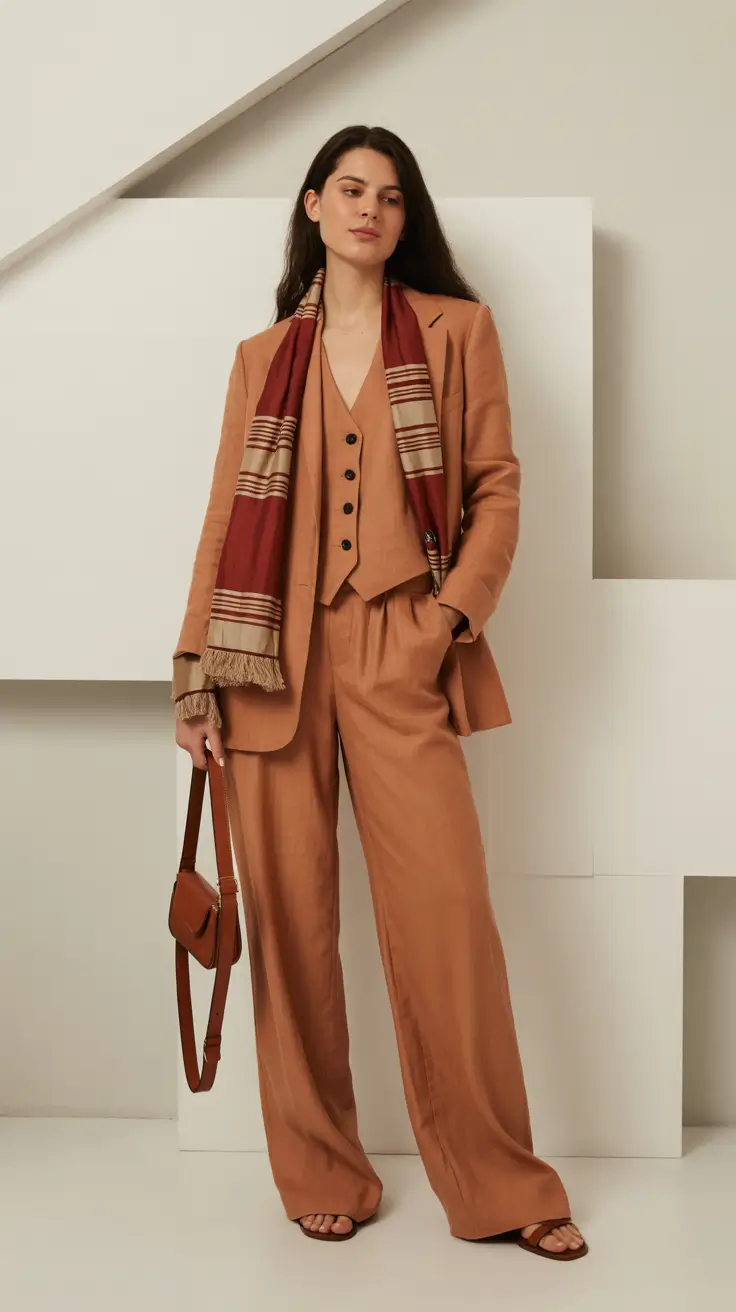 classy-winter-outfits-2025-2026-Caramel-Suiting-with-Scarf-Drama