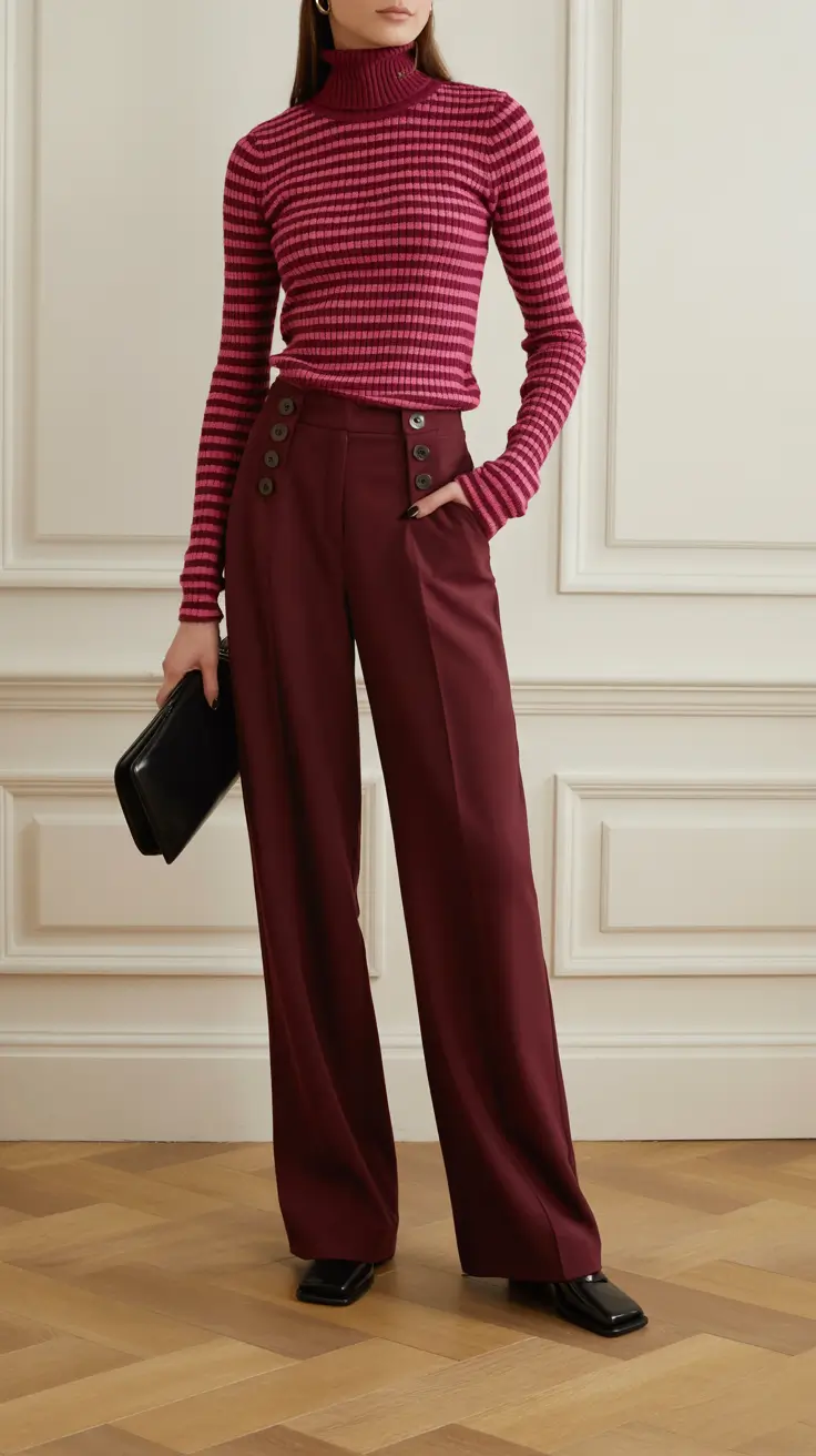 classy winter outfits 2025-2026 Berry-Toned Monochrome With Retro Buttons