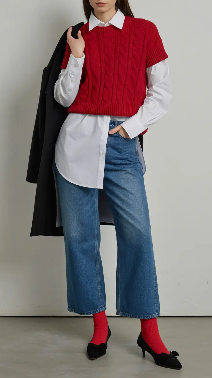 classy winter outfits 2025-2026 Retro Layers With a Playful Pop of Red