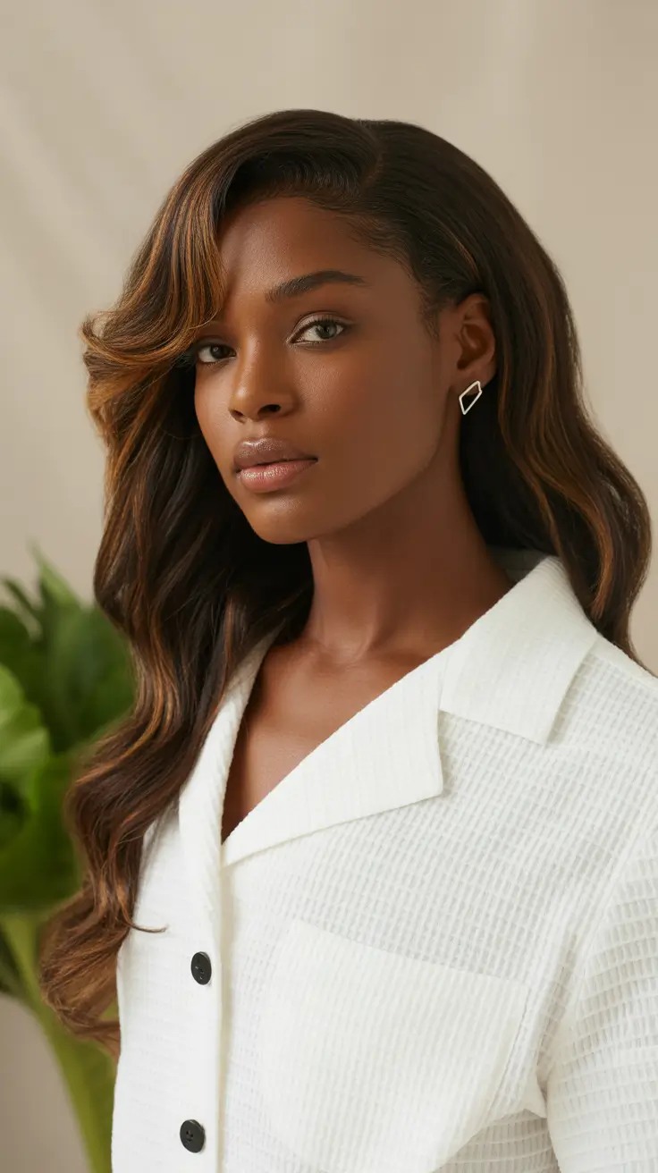 winter hair colors for black women 2025-2026 Chocolate Brunette with Caramel Highlights