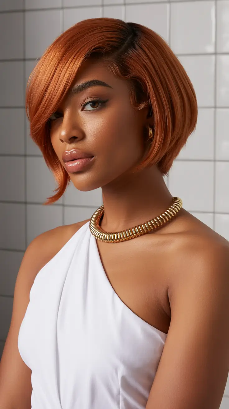 winter hair colors for black women 2025-2026 Glossy Copper Bob