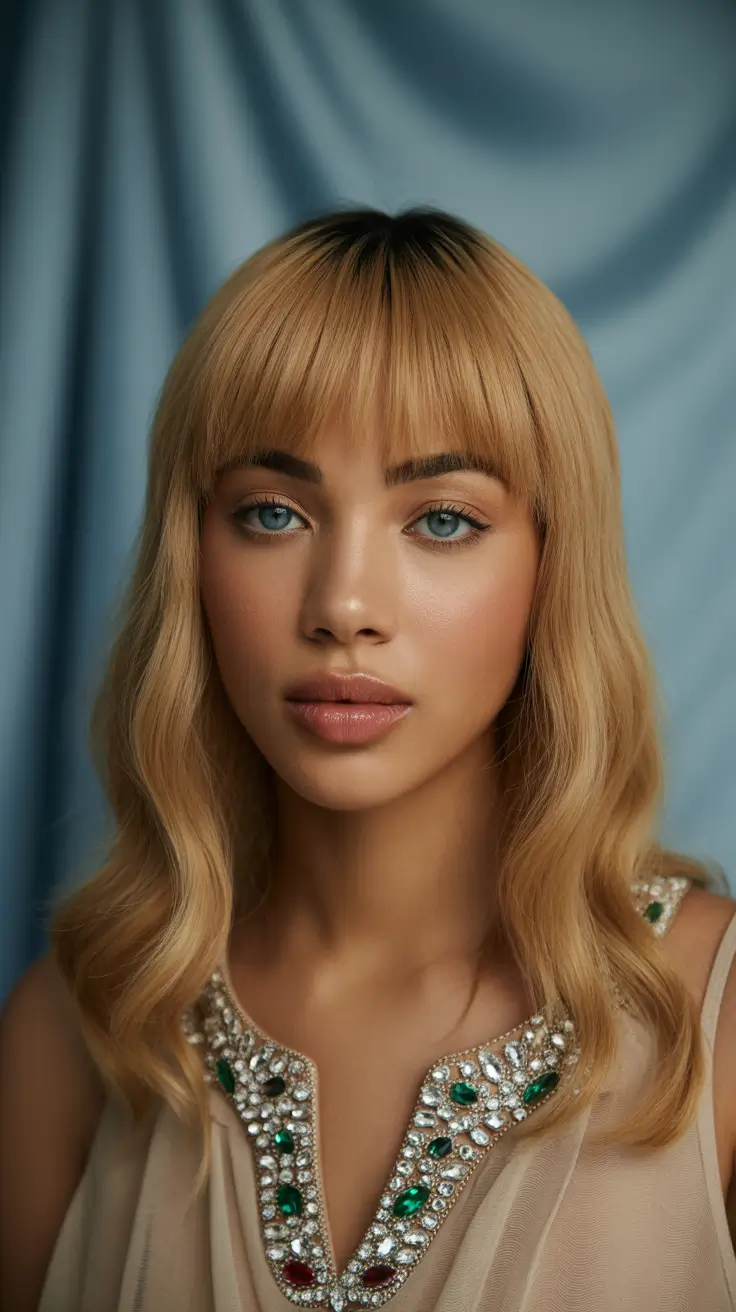 winter hair colors for black women 2025-2026 Golden Blonde with Blunt Bangs