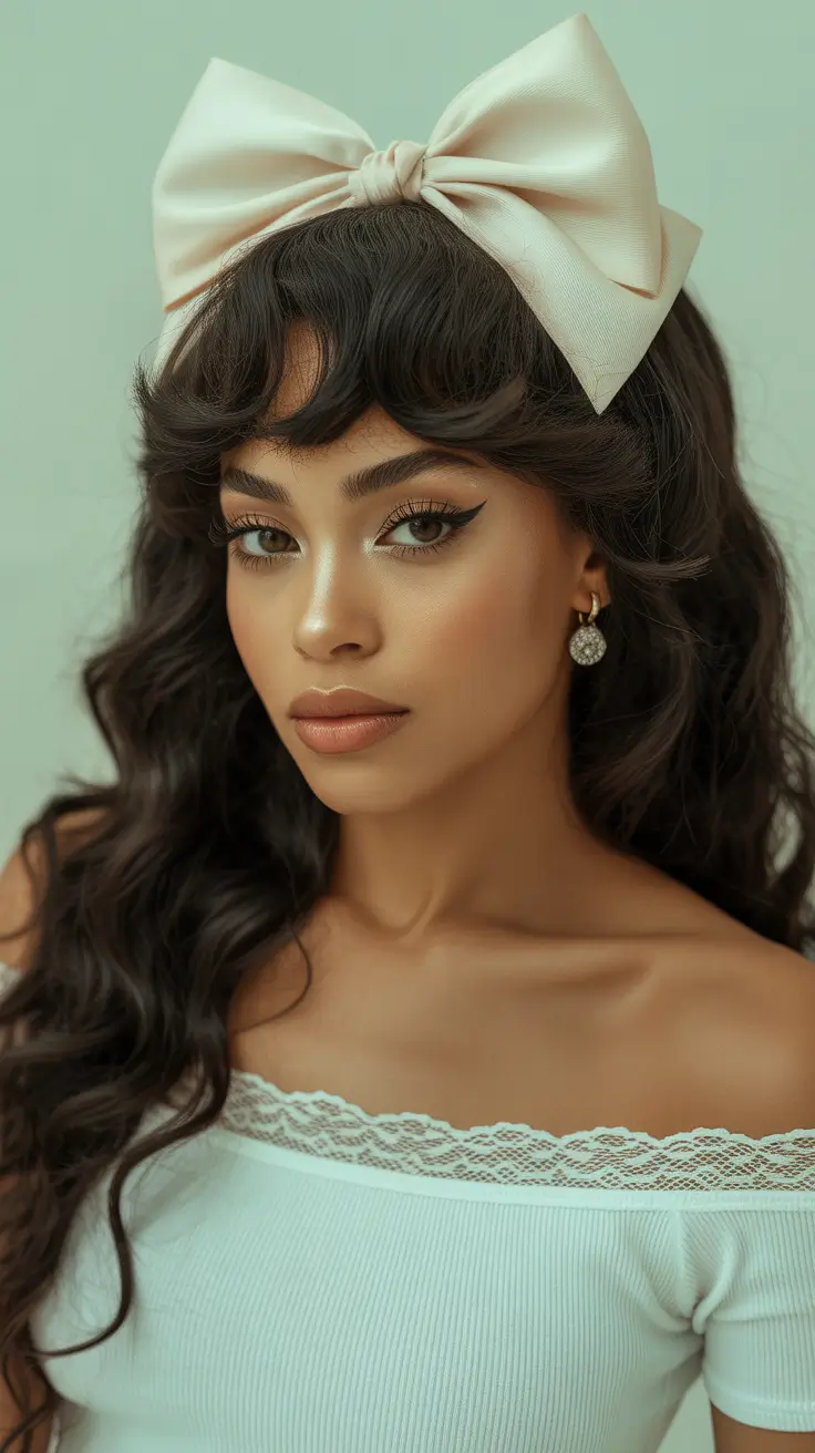 winter hair colors for black women 2025-2026 Romantic Brunette with Statement Bow