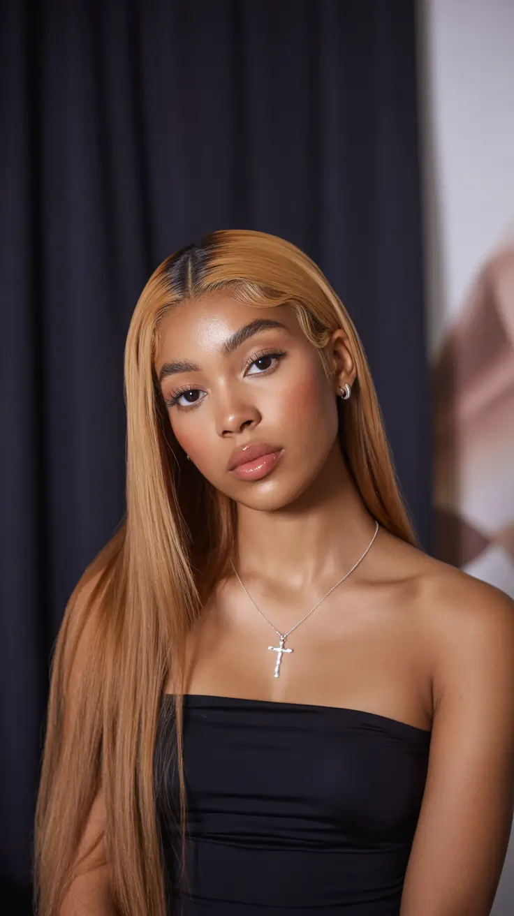 winter hair colors for black women 2025-2026 Sleek Honey Blonde Straight Style