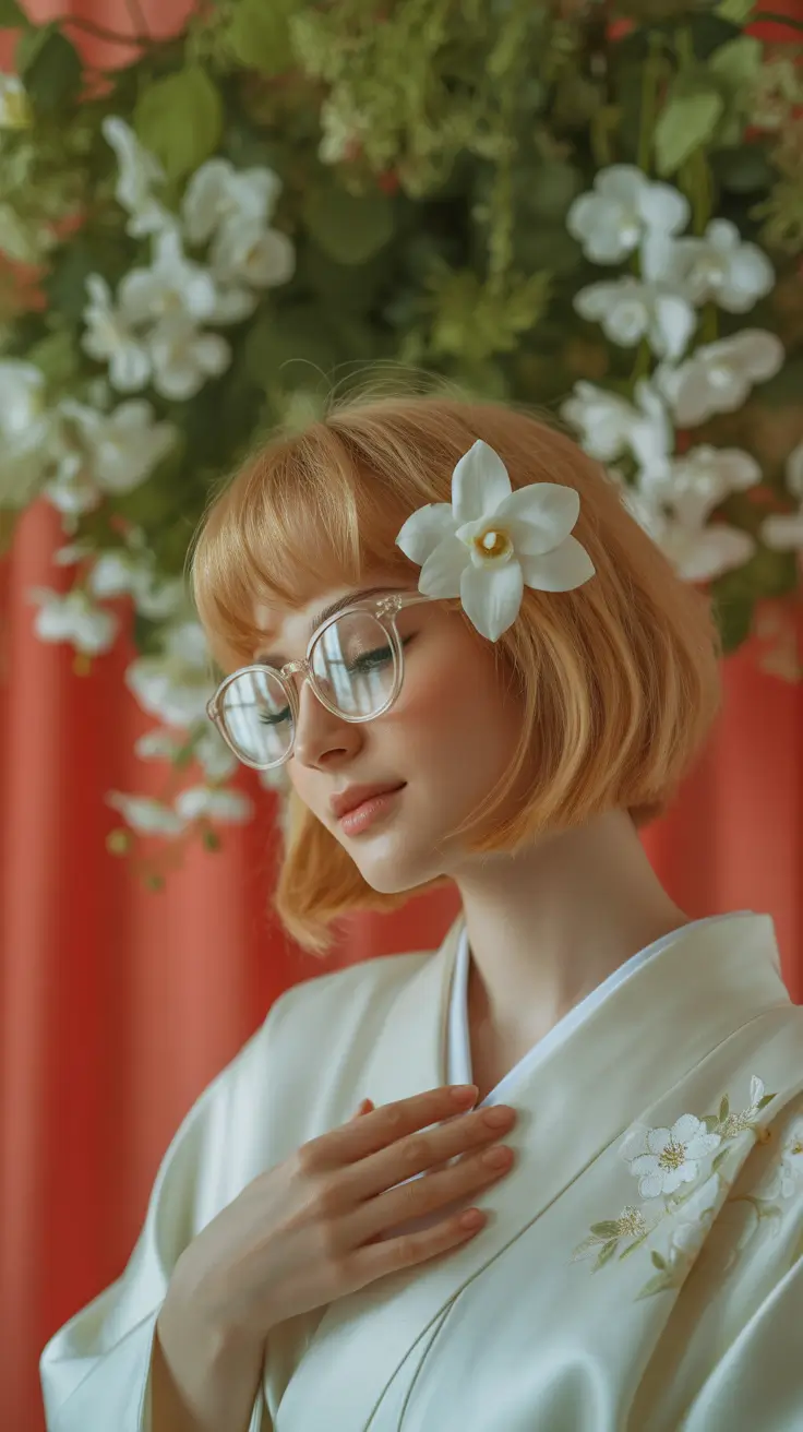 winter hair colors for blondes 2025-2026 Apricot Blonde Bob with Floral Touch