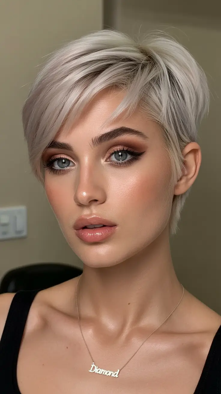 winter hair colors for blondes 2025-2026 Polished Icy Pixie