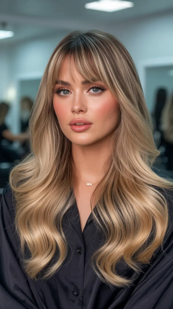 winter hair colors for blondes 2025-2026 Caramel Balayage Blonde with Fringe