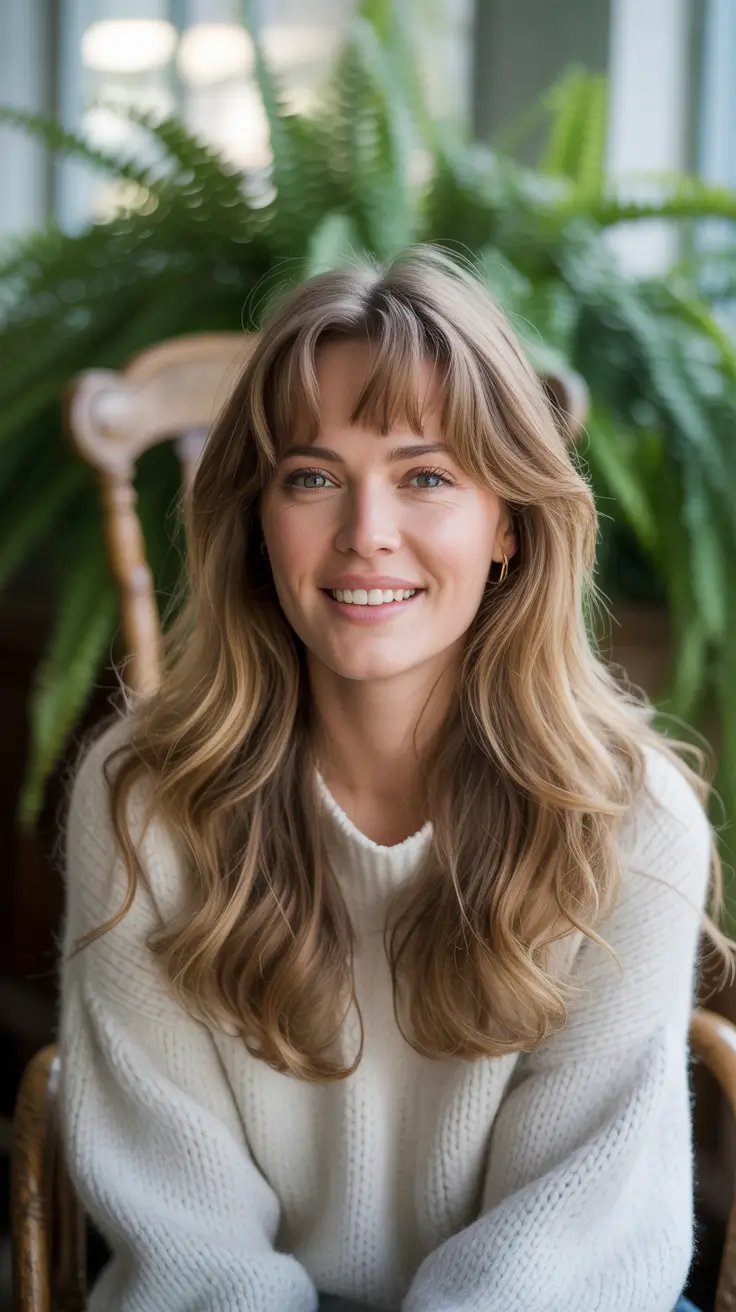 winter hair colors for blondes 2025-2026 Effortless Curtain Bangs With Warm Blonde