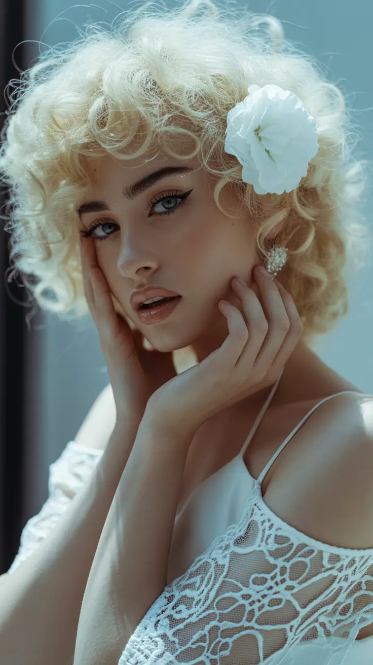 winter hair colors for blondes 2025-2026 Frosted Vintage Curls with Floral Accent