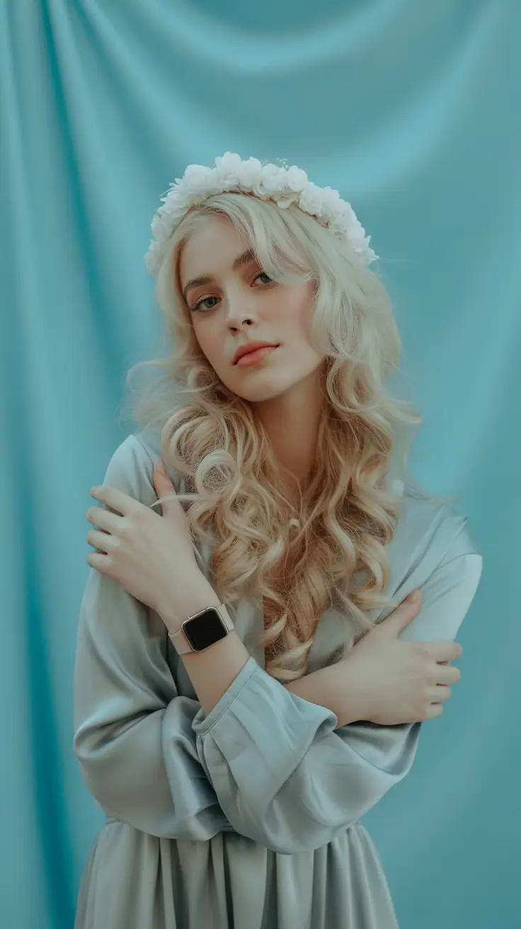 winter hair colors for blondes 2025-2026 Romantic Winter Curls with Crown Accent