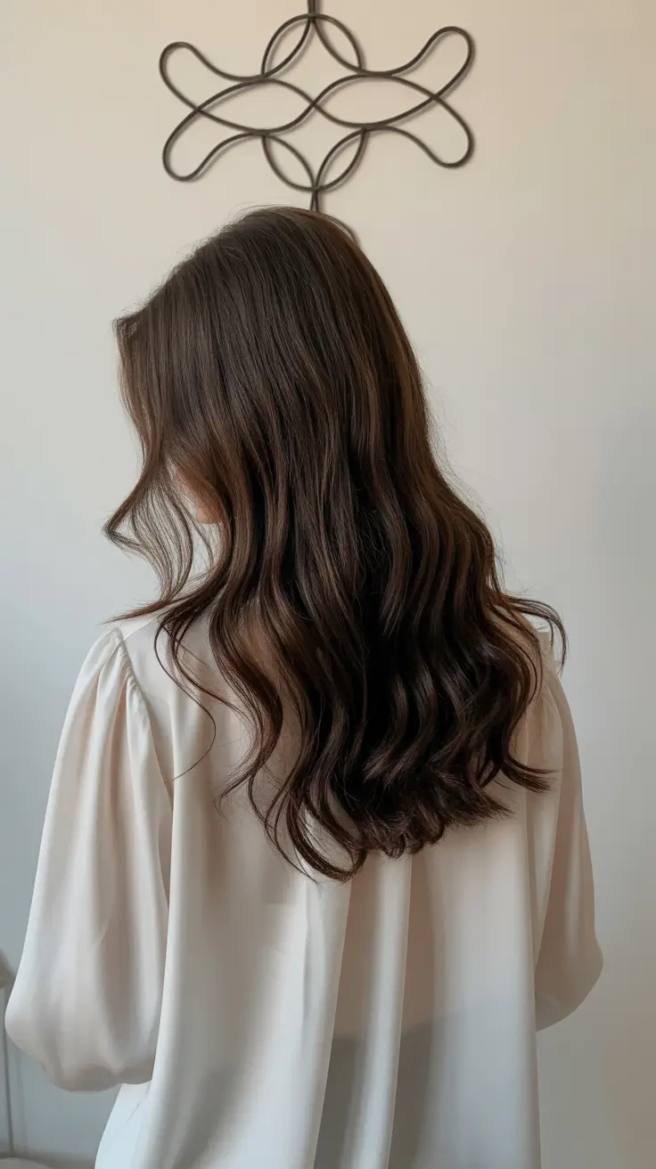 winter hair colors for brown hair 2025-2026 Soft Chocolate Waves for a Minimal Winter Glow