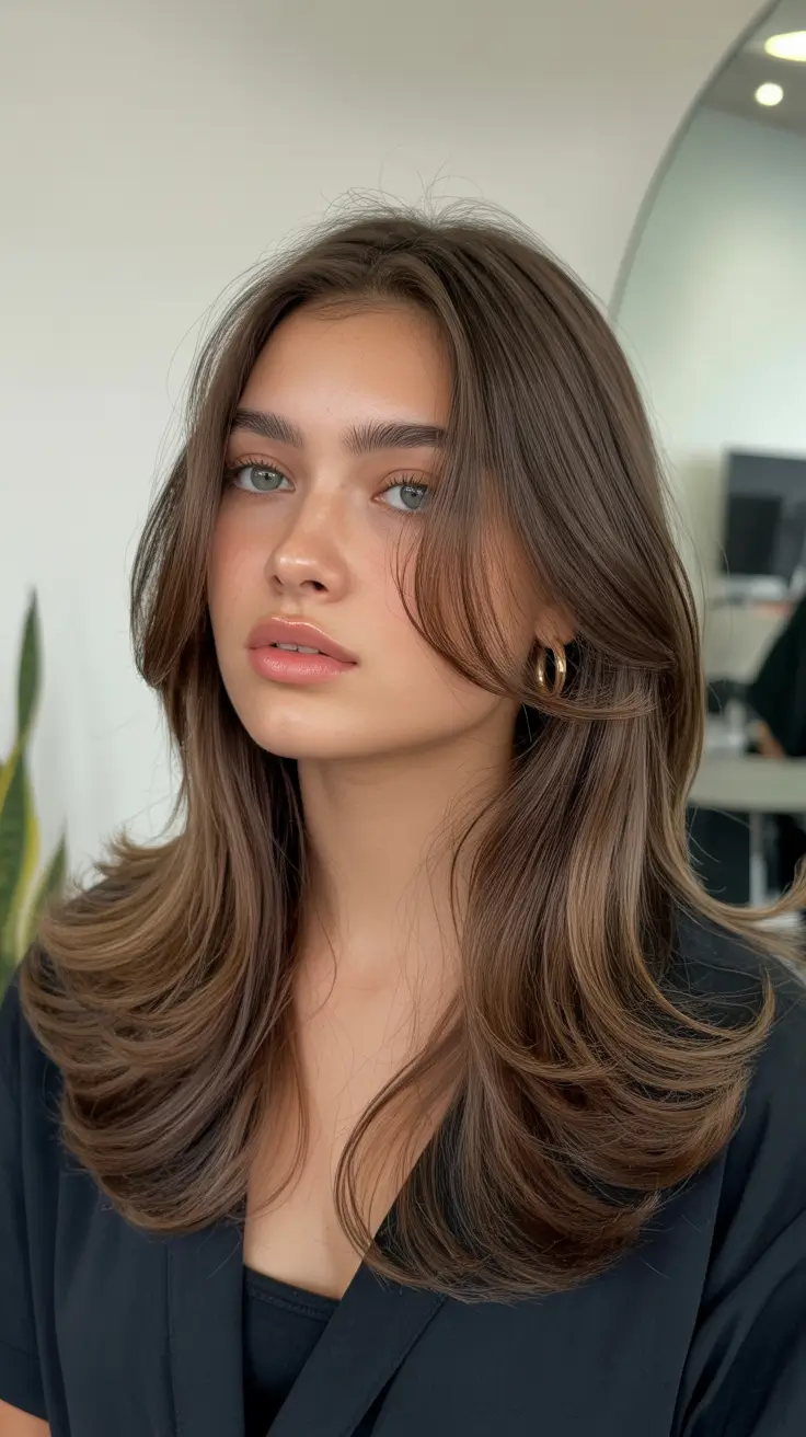 winter hair colors for brown hair 2025-2026 Layered Brunette with Subtle Ash Undertones