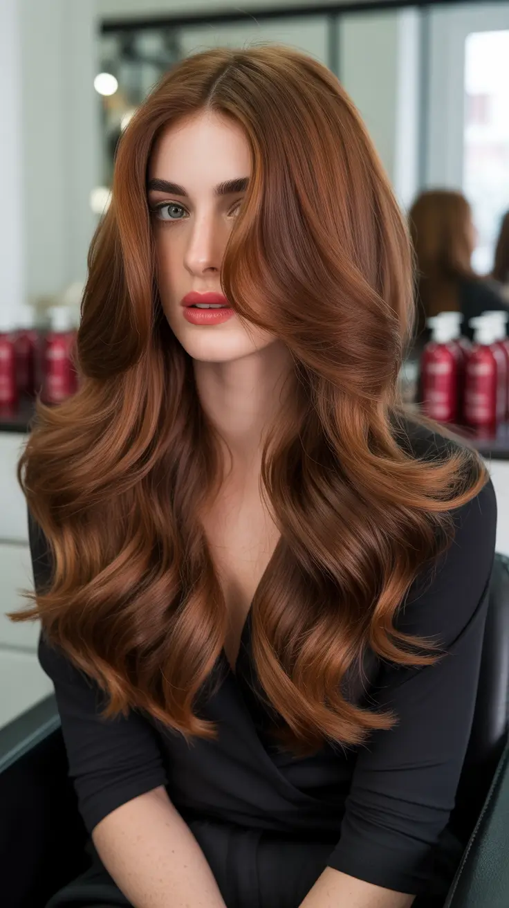 winter hair colors for brown hair 2025-2026 Copper Brown Waves with a Red Glow