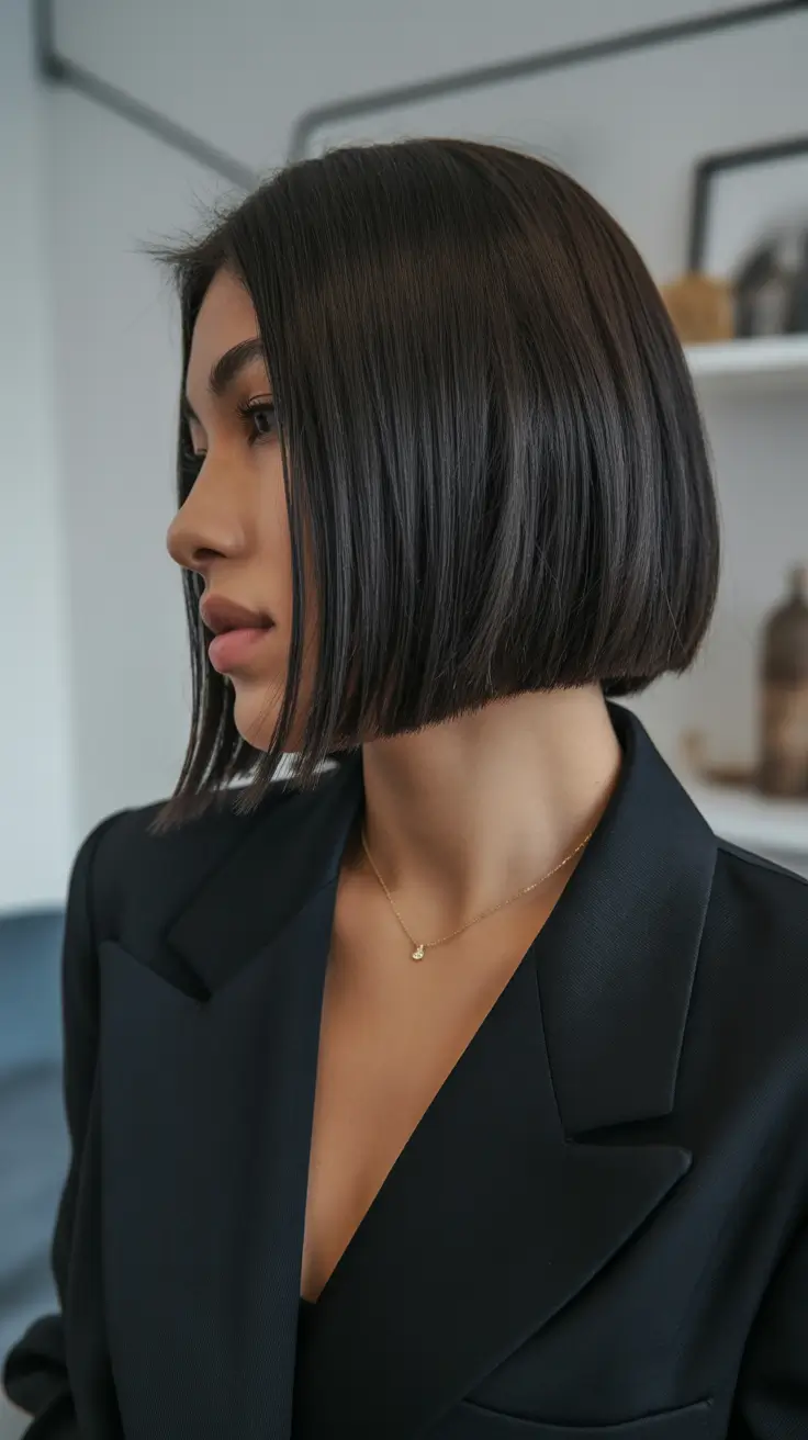 winter hair colors for brown hair 2025-2026 Blunt Dark Bob with Glossy Finish