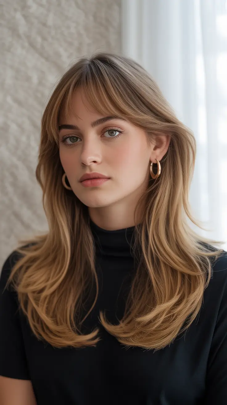 winter hair colors for brown hair 2025-2026 Honey-Toned Layers with Soft Fringe