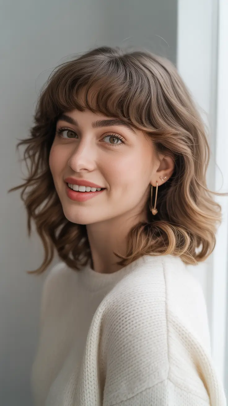 winter hair colors for brown hair 2025-2026 Toffee Brunette with Playful Waves