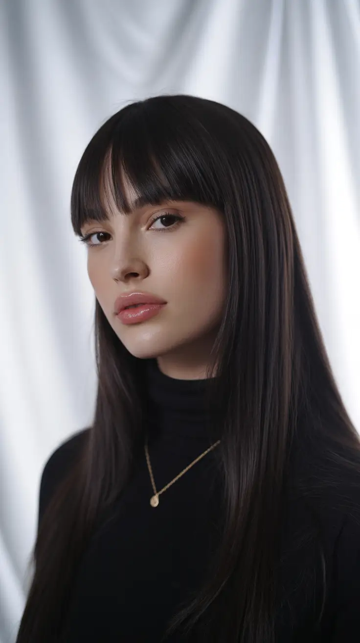 winter hair colors for brown hair 2025-2026 Sleek Raven with Blunt Fringe