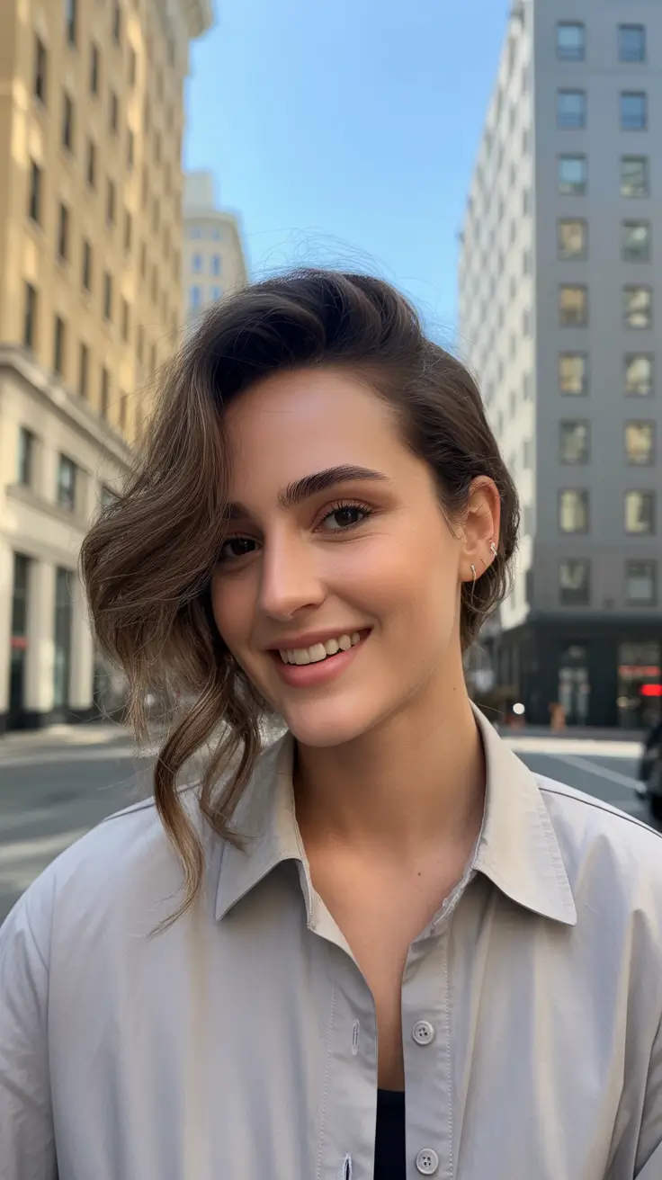 winter hair colors for brown hair 2025-2026 Side-Swept Elegance in Subtle Brunette Tones