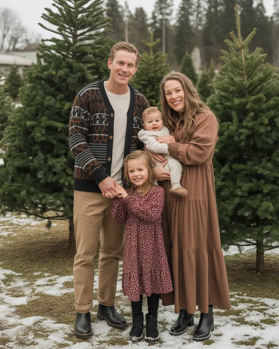 winter family photo outfits 2025-2026 Earth Tones and Warm Prints in a Tree Farm Setting