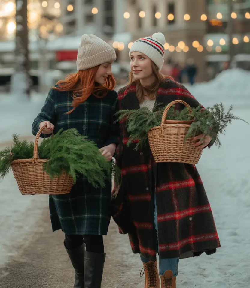 winter family photo outfits 2025-2026 Vintage Plaid Coats and Holiday City Magic