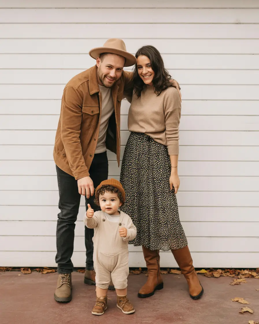 winter family photo outfits 2025-2026 Light Tan Layers with a Hint of Retro Vibes