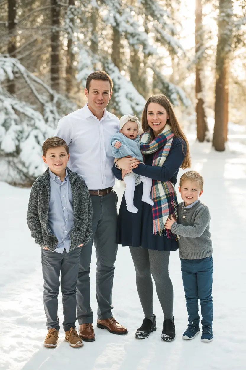 winter family photo outfits 2025-2026 Navy and Gray Layers with a Pop of Plaid